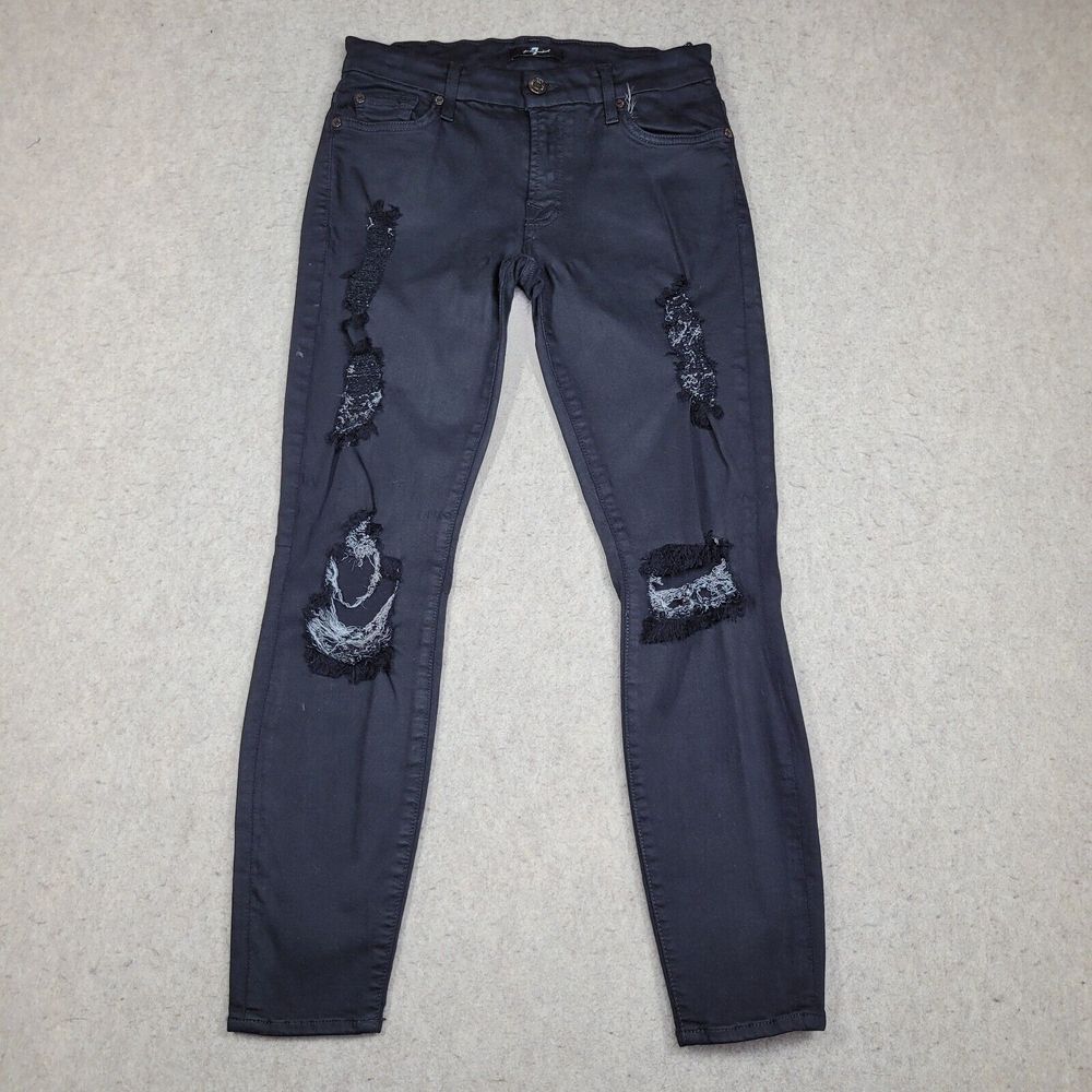 7 For All Mankind Jeans‎ Womens 27 Skinny Distressed Black Denim 27x27 Mid Rise